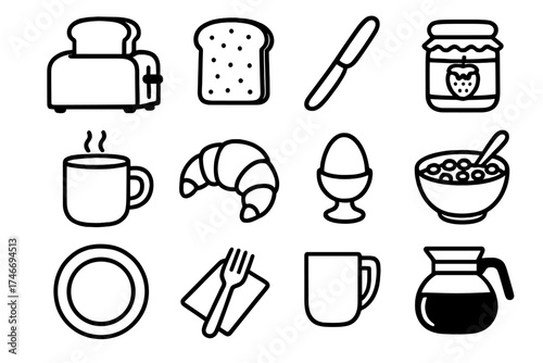 Breakfast Icons Collection. Breakfast toasting outline set. toaster, slice of bread, butter knife, jam jar, steaming mug, croissant, egg, cereal bowl, plate, fork, napkin, coffee