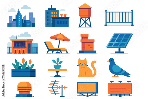 Vibrant Urban Rooftop. Urban Rooftop flat icon set. city skyline, skyscraper roof, water tower, railing, rooftop bar, lounge chair, umbrella, chimney, solar panel, garden, terrace