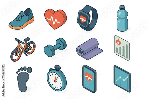 Fitness Tracker Icons. Fitness tracking isometric set. running shoe, heart rate monitor, smartwatch, water bottle, bicycle, dumbbell, yoga mat, calories chart, footprint, stopwatch