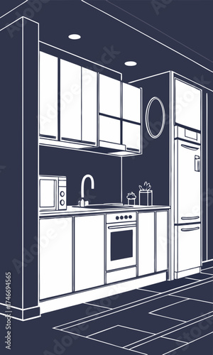 Modern kitchen design minimalist interior apartment kitchen plan kitchen appliances cabinets counter sink oven microwave refrigerator floor plan home decor interior design illustratio.