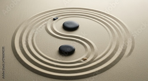 Yin-yang stones in sand garden with spiral pattern, symbolizing harmony