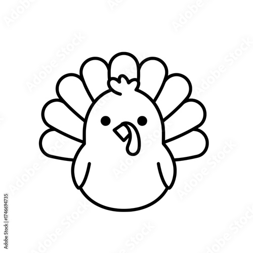 A simple black outline of a turkey with a fan-shaped tail on a transparent PNG background. The minimalist design is perfect for Thanksgiving.
