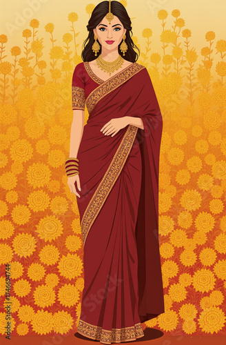 Elegant woman in traditional indian maroon saree with gold accents