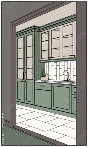 Modern Kitchen Interior Design Green Cabinets White Tile Backsplash Home Renovation Illustration.