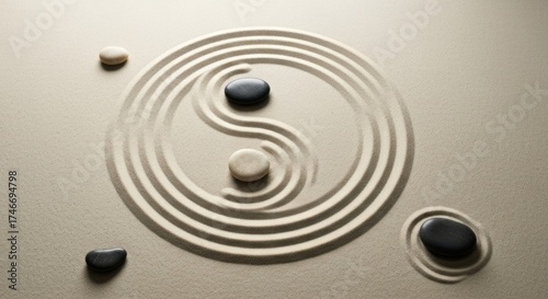 Yin-yang symbol etched in sand, surrounded by smooth, dark and light stones