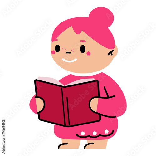 Happy young girl, woman reading open book. Cute student illustration for education or literacy concept. School and learning material for kid.