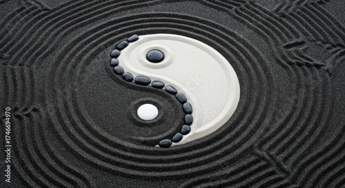 Yin Yang symbol formed with light sand and pebbles on dark raked sand