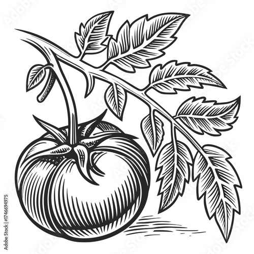 Ripe Tomato with Leaves Vintage Woodcut Engraving Linocut Style Vector Illustration
