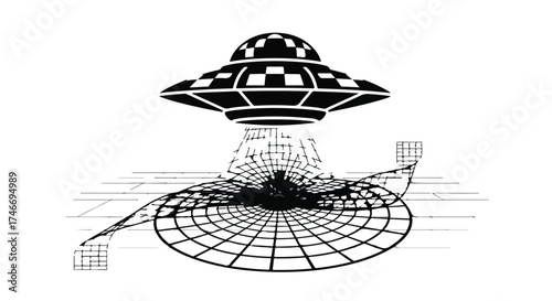 Retro flying saucer beams down abstract energy onto a futuristic grid landscape