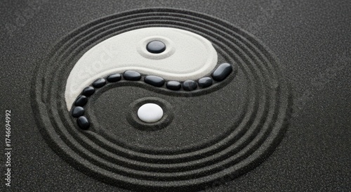 Yin-Yang symbol in raked sand, black pebbles, white stones, zen harmony