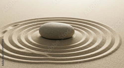 Zen garden detail smooth stone centered on raked, circular sand ripples