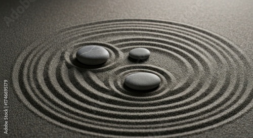 Zen garden featuring rocks and raked concentric sand circles in neutral tones