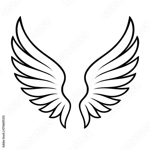 Angel wings outline pair, black line vector on white background, minimalist symmetry