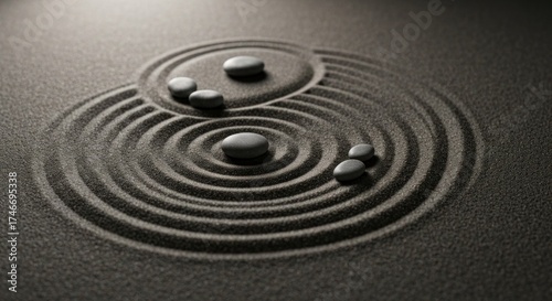 Zen garden rocks in sand, with concentric circles raked around