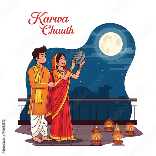 Happy Karwa Chauth Celebration: Indian Couple Watching Moon with Sieve on Balcony. AI Generated