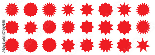 Red starburst shapes collection with circle and wavy edge tags. Vintage silhouette stickers for SALE, DISCOUNT, BEST PRICE. Perfect promo labels for shop marketing, advertising and promotions.