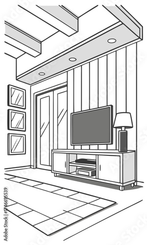Modern living room interior design sketch flat screen TV entertainment center recessed lighting wooden wall paneling.