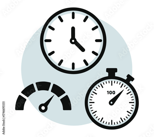Stopwatch and Clock Icons, Time Management and Speed Measurement Vector Silhouette Design