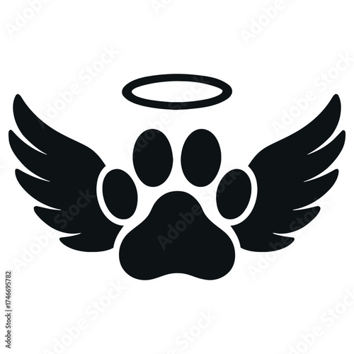 Pet paw print with angel wings and halo black silhouette vector on white