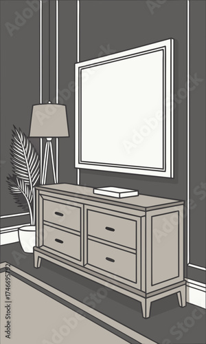 Modern living room interior design with TV dresser and plant illustration.