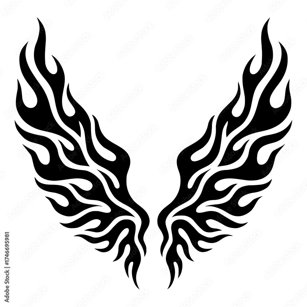 Fototapeta premium Tribal flame wings black silhouette symmetrical vector on white background