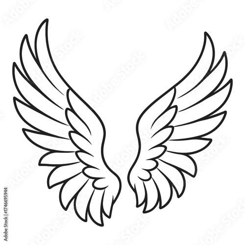 Feathered angel wings black outline, spread symmetrical vector on white