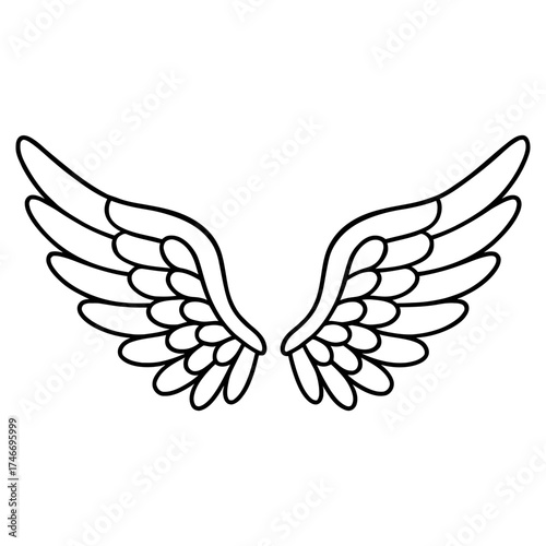 Angel wings spread black outline with rounded feathers on white background