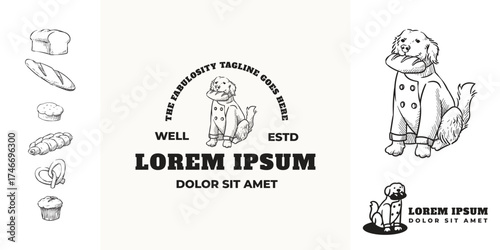 Bakery logo with illustration of sitting dog biting bread. With hand drawn design type of bread collection set for menu, label, content post, print element, and shop sticker
