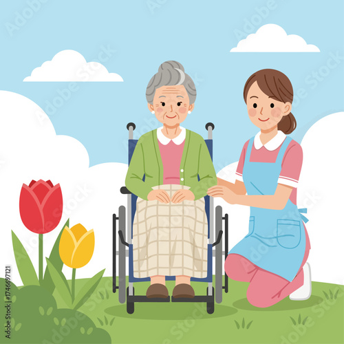 A compassionate caregiver shares a peaceful moment outdoors with an elderly woman in a wheelchair, surrounded by vibrant spring tulips.