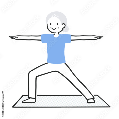 Senior Woman Practicing Yoga Warrior Pose on Yoga Mat – Simple Vector Illustration