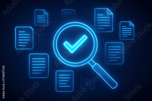 Digital Magnifying Glass Over Documents with Check Mark on Dark Grid Background data analysis document review