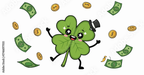 Lucky four-leaf clover character with hat surrounded by money and gold coins, representing wealth, prosperity, and fortune in a charming design