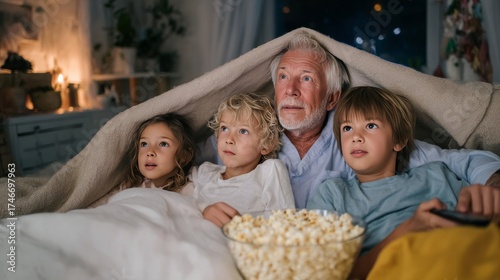 Grandfather and two grandchildren snuggled under a blanket, enjoying a movie night together, creating cherished family memories and emotional connections