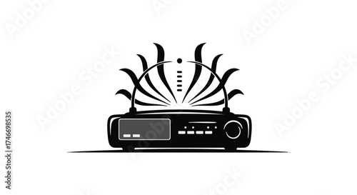 Retro radio emitting waves of light and sound with stylized rays emanating upwards.