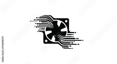 Futuristic digital fan with glowing lines representing data flow and speed on a white background