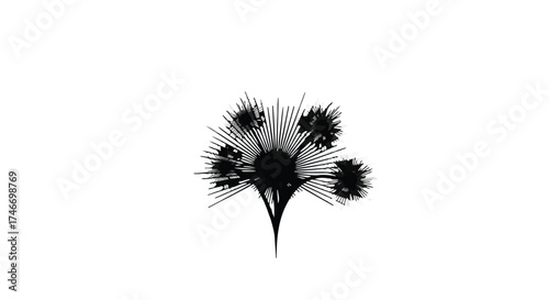 Abstract black spiky flower silhouette radiating light on white background.