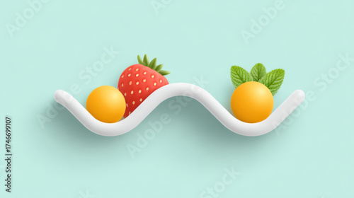 Stylized strawberry and orange spheres, fresh and playful, healthy food and balance concept, against a mint green background with copy space