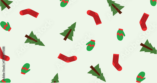 Endless background of ornaments, decorations and Christmas items. Christmas tree, Gloves and socks. Winter holiday theme. Flat seamless vector illustration
