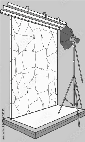 Studio Photography Setup with Stone Backdrop and Lighting Equipment Illustration.