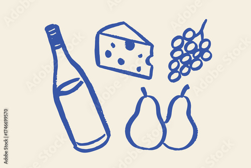 Wine cheese grapes pears sketch hand drawn style vector illustration