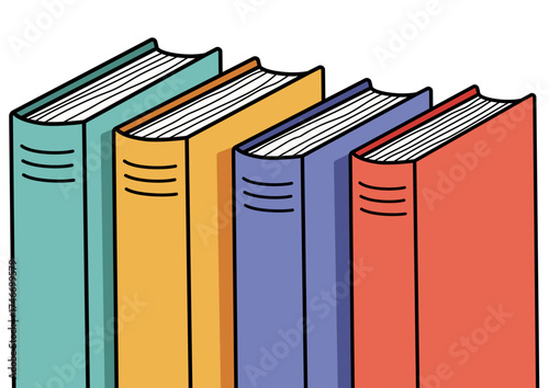 Four colorful books standing upright in a row. Flat design illustration for education, reading, knowledge, and library concept.