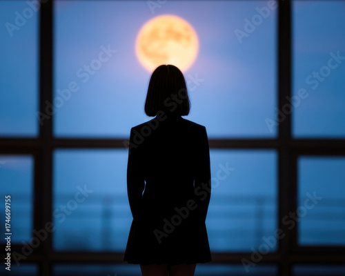 Teacher Halloween Concept, lone figure stands gazing at full moon school teacher feels peaceful on halloween night
