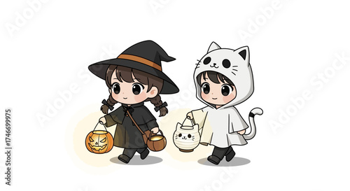 Adorable cartoon children in witch and cat costumes walking together with trick-or-treat baskets.