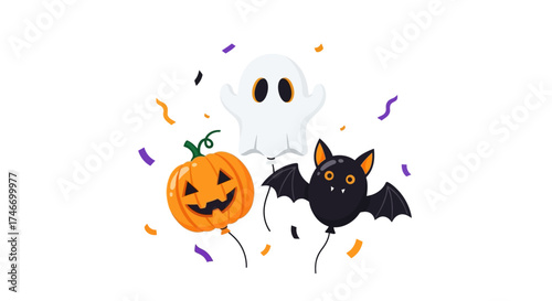 Spooky Halloween Balloons Ghost, Pumpkin, and Bat Floating with Festive Confetti