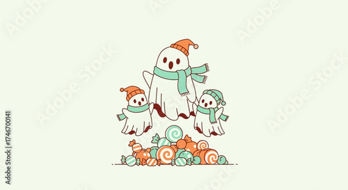 Delightful cartoon ghosts in festive winter hats and scarves, surrounded by a vibrant pile of swirled candies, embodying a sweet and whimsical holiday spirit