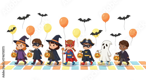Halloween Parade Children in Costume with Candy Buckets, Bats and Balloons