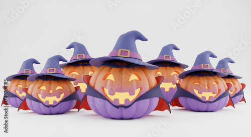 A group of smiling jack-o'-lanterns wearing purple witch hats and vampire capes for Halloween.