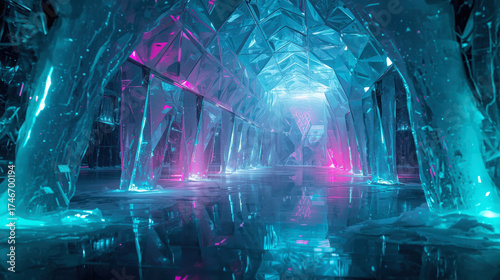 Enchanting ice cave illuminated by ethereal blue and pink neon lights creating a mystical frozen grotto