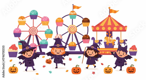 Playful cartoon illustration of children in witch costumes enjoying a Halloween carnival scene, with pumpkins and rides.