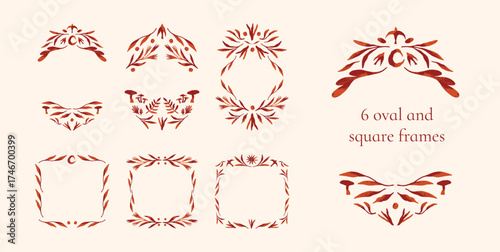 Set of oval and square decorative autumn frames with leaves, mushrooms, crescent moon, twigs and floral motifs in hand-drawn watercolor style. Vector illustration for design projects